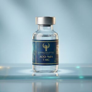 Detailed view of the lyophilized powder inside an AOD-9604 peptide vial for laboratory research.