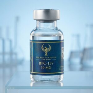 A premium glass vial of BPC-157 10mg regenerative research peptide by Resurrection Peptides, displayed on a laboratory glass shelf.