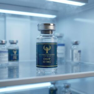 A vial of DSIP 10mg research peptide stored in a laboratory refrigerator to maintain molecular stability.