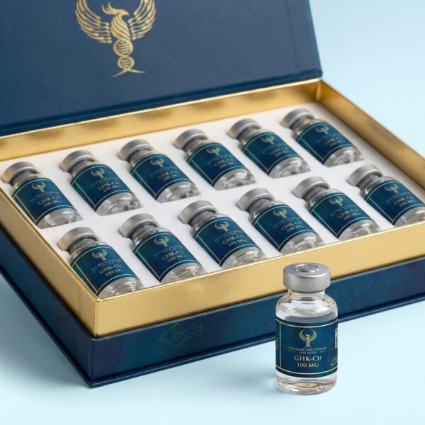 A premium, gold-lined presentation box containing multiple vials of GHK-Cu 100mg peptide, demonstrating professional laboratory supply by Resurrection Peptides.