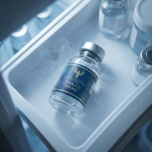 A vial of GHK-Cu 100mg copper peptide stored in a clinical laboratory refrigerator to preserve molecular integrity for tissue research.