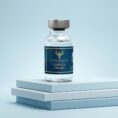 A high-purity glass vial of GHK-Cu 100mg copper peptide used for skin and tissue regeneration research, displayed on modern blue platforms.
