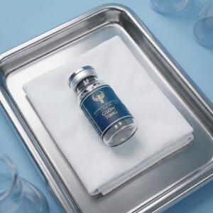 A vial of the Glow 70mg peptide complex stored in a clinical laboratory refrigerator to preserve the molecular integrity of the GHK-Cu and BPC-157 blend.