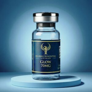 A premium glass vial of the Glow 70mg regenerative peptide stack, containing GHK-Cu, BPC-157, and TB-500, displayed on modern blue platforms.