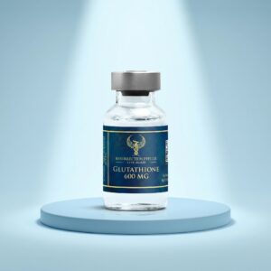 A single, high-purity glass vial of Glutathione (GSH) 600mg research peptide, displayed standing upright on a sleek, reflective blue laboratory platform with professional lighting.