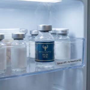A close-up view looking inside a laboratory refrigerator, showing multiple vials stored on shelves. The foreground Resurrection Peptide HGH 10 IU vial is prominently frosted. A shelf label below reads "Store at 2-8°C - For Research Use Only."