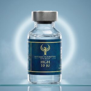 A high-end product photograph of a single 10mg Resurrection Peptide HGH 10 IU vial, featuring its intricate teal-and-gold marble label and phoenix logo, standing on a clear glass shelf against a softly blurred blue background with a glowing circular light effect.