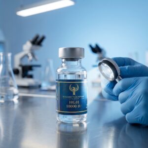 A close-up shot inside a laboratory where a researcher wearing blue gloves holds a magnifying loupe to inspect a vial of Resurrection Peptide HGH 10000 IU. The vial rests on a stainless steel workstation with microscopes visible in the blue-lit background.