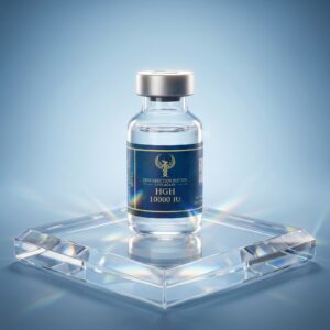 A luxury product display showing a Resurrection Peptide HGH 10000 IU vial resting on a thick, square, transparent glass block. The glass block refracts colorful, rainbow prism light effects against a smooth blue backdrop.