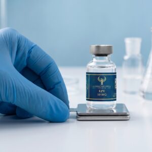 A laboratory researcher wearing a blue nitrile glove places a vial of KPV 10 MG on a digital micro-scale for precise measurement, demonstrating quality control in a clinical research setting.