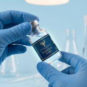 A close-up shot of a researcher's hands wearing blue nitrile lab gloves carefully holding and inspecting a vial of Resurrection Peptide Kisspeptin 10 MG. The background features slightly blurred laboratory glassware under bright clinical lighting.