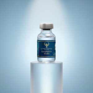 A high-quality studio product shot featuring a single clear glass vial of Resurrection Peptide Kisspeptin 10 MG. The vial stands centered on a cylindrical frosted glass pedestal against a smooth blue gradient background under a soft spotlight.