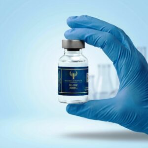 A close-up photograph of a scientist's hand wearing a blue nitrile glove holding a clear glass vial of Resurrection Peptide Klow 80MG. Faint, blurred laboratory beakers are visible in the soft blue background.