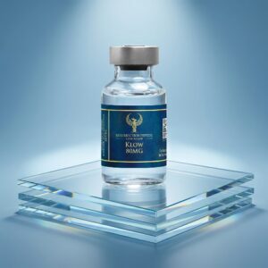 A high-end studio product photograph showing a single Resurrection Peptide Klow 80MG vial resting on three stacked, transparent glass plates. The glass edges catch the light, set against a smooth blue gradient background illuminated by a top spotlight.
