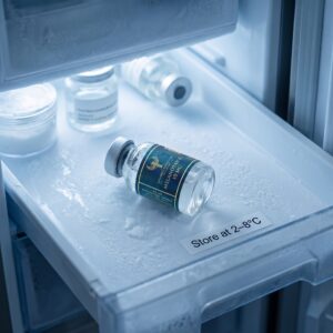 A 10mg vial of Melanotan II (MT2) from Resurrection Peptide stored in a laboratory refrigerator. The vial is shown in a chilled environment marked "Store at 2–8°C" to ensure peptide stability and longevity.