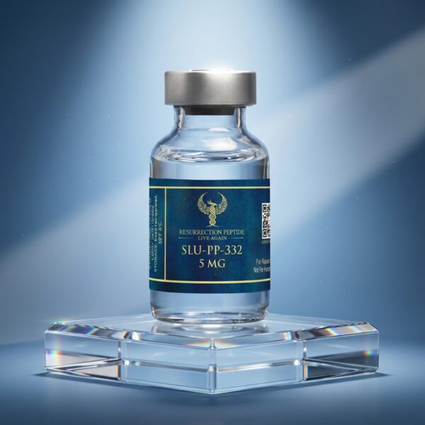 A high-quality studio hero shot of a single SLU-PP-332 5MG vial from Resurrection Peptide. The vial stands on a square, transparent glass display block under a dramatic overhead spotlight against a smooth blue gradient background.