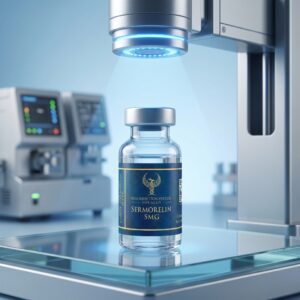 A clinical laboratory scene showing a Sermorelin 5MG vial resting on a glass testing platform under a high-precision blue scanning light, illustrating Resurrection Peptide's commitment to quality control.