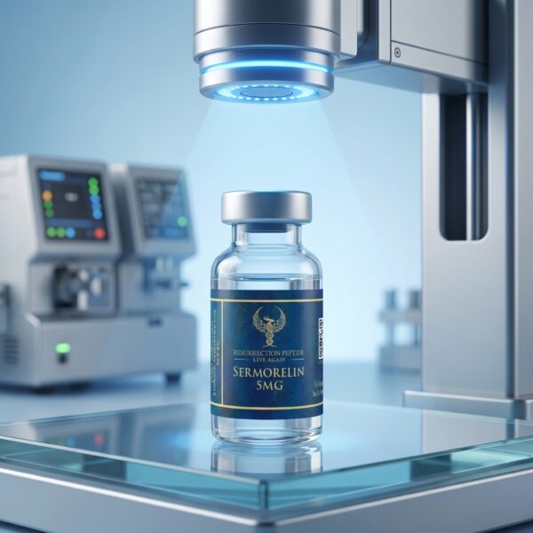 A clinical laboratory scene showing a Sermorelin 5MG vial resting on a glass testing platform under a high-precision blue scanning light, illustrating Resurrection Peptide's commitment to quality control.