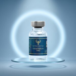 A single 5mg vial of Sermorelin standing on a reflective glass pedestal, highlighted by a glowing blue circular light effect and clinical spotlighting for a high-end scientific aesthetic.