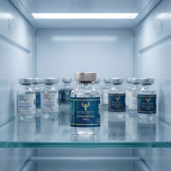 A frosted vial of Sermorelin 5MG stored inside a laboratory refrigerator to ensure peptide stability, with other blurred Resurrection Peptide vials visible in the background of the chilled compartment.