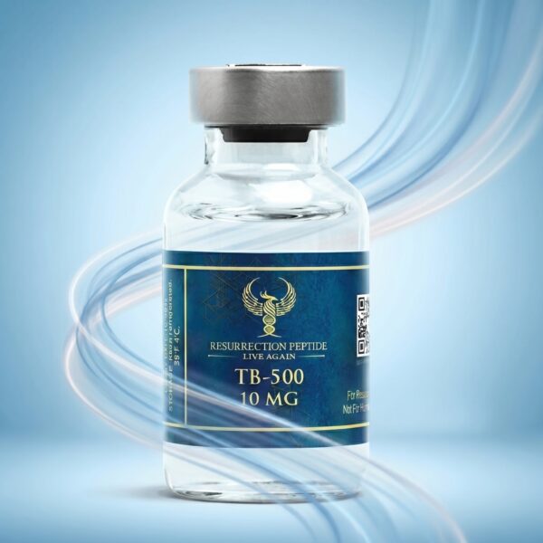 A high-tech laboratory scene showing a Tirzepatide 10MG vial resting on a glass platform under a blue diagnostic laser scanner, illustrating Resurrection Peptide's strict quality assurance and testing protocols.
