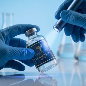 Close-up of a laboratory researcher wearing blue nitrile gloves carefully holding a Resurrection Peptide Tesamorelin 10MG vial in a sterile clinical laboratory environment.