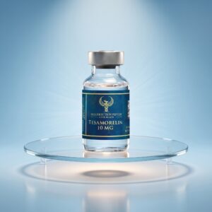 A high-end display of a single 10mg Tesamorelin research vial resting on a clear square glass block, illuminated by a dramatic spotlight against a blue backdrop.