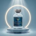 A clinical product photograph of a Thymosin Alpha-1 10MG research vial from Resurrection Peptide. The vial stands centered against a glowing white circular halo ring, illuminated by a focused top spotlight against a soft blue background.