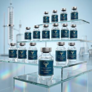 A professional product shot of an open premium presentation box containing ten vials of Wolverine 10MG by Resurrection Peptide, neatly arranged for institutional laboratory supply.