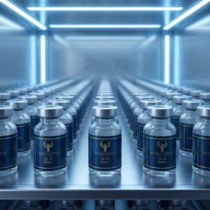 A massive array of Resurrection Peptide SS-31 50MG vials arranged in perfect rows on stainless steel shelving within a brightly lit, temperature-controlled laboratory cleanroom.