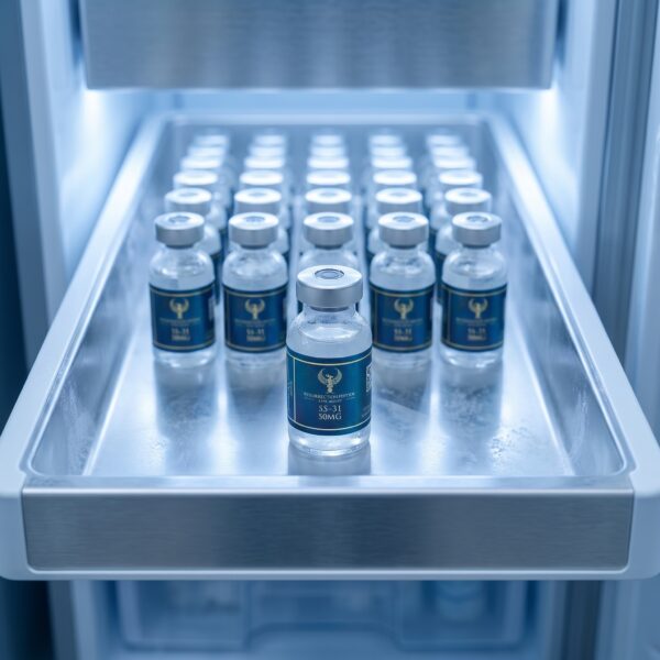 Multiple vials of SS-31 50MG from Resurrection Peptide neatly organized inside a frosted laboratory refrigerator drawer, emphasizing strict temperature protocols to maintain peptide stability.