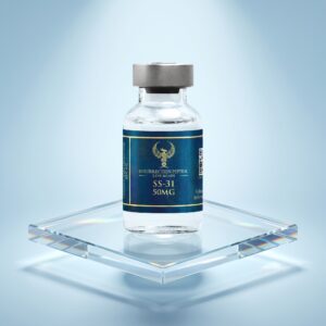 A professional studio photograph of a Resurrection Peptide SS-31 50MG vial standing on a square, transparent glass display block under a soft spotlight against a smooth light blue gradient background.