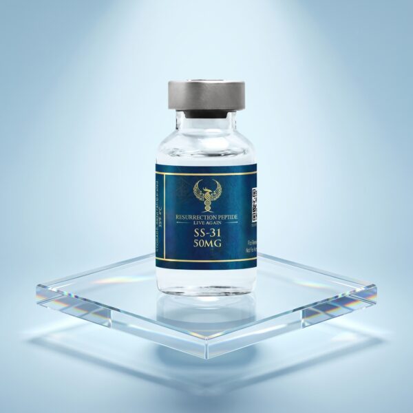 A professional studio photograph of a Resurrection Peptide SS-31 50MG vial standing on a square, transparent glass display block under a soft spotlight against a smooth light blue gradient background.
