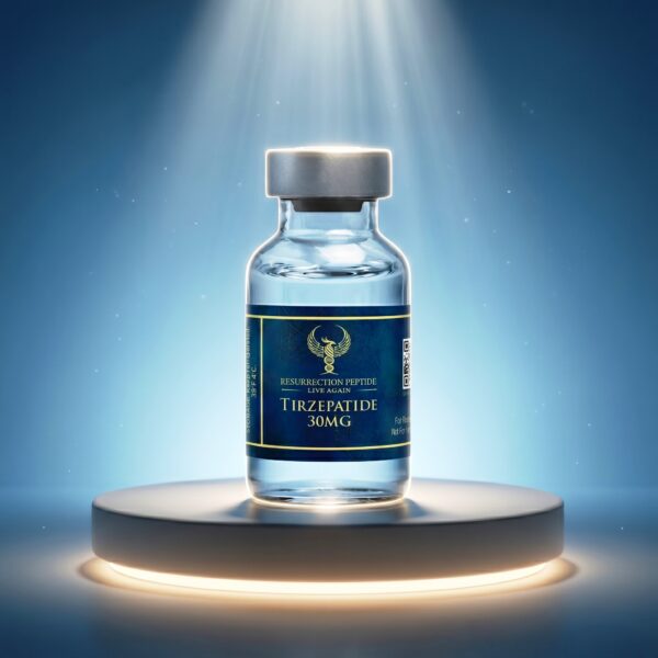 A professional studio photograph of a single 30mg Tirzepatide vial from Resurrection Peptide, featuring a dark teal and gold foil label, standing on a reflective glass surface against a soft blue gradient background.